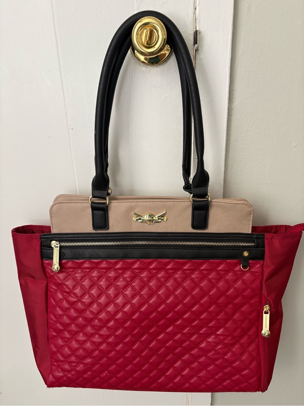 Emblem Destinations Red Quilted Faux Leather & Canvas Tote Travel Bag - Used